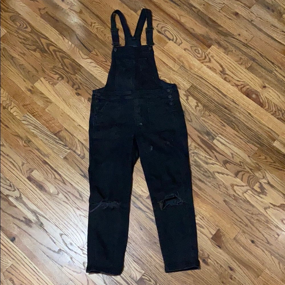 Bershka distressed black denim overalls - small